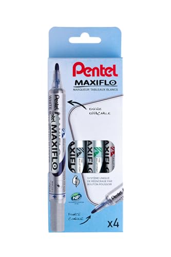 Pentel Maxiflo Pochette 4 Marqueurs tableau blanc Pointe conique moyenne Encre Noir, Bleu, Vert, Rouge