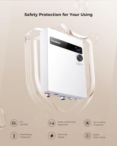 CAMPLUX Electric Tankless Water Heater 27kW 240V, Instant Hot Water, Self-modulating Technology, Multipoint of Use Water Heater with Digital Display, for Whole House Shower, White