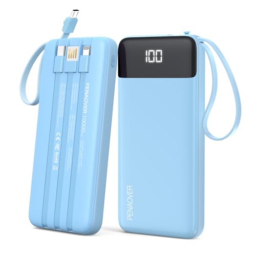 penaover Cargador portátil de 10000 mAh con cable integrado, 5 salidas, 2 entradas, batería externa esencial de viaje con pantalla LED compatible con iPhone 16/15, Samsung S22, Android, etc