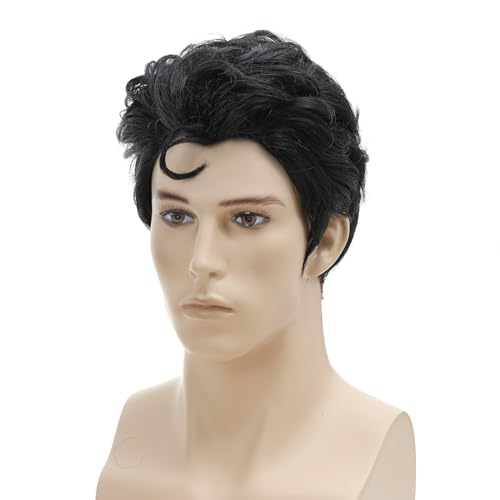 FYXZHUO Roker Style Mens Black Short with a Front Curl Costume Wig for Cosplay Halloween Costume Party Wig