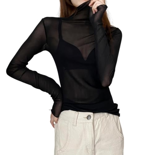 UEIOAVL Blusas y camisas para mujer, 1 pieza de blusa de malla sexy para mujer camisa de tul negra transparente camiseta informal blusas para fiesta diaria (negra)