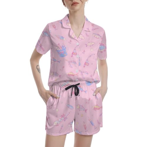 Image of Funny Pajamas for Women Set Print Satin Loungewear Pjs Short Sleeve Button Down Top and Shorts Sets Sleepwear XS-3XL