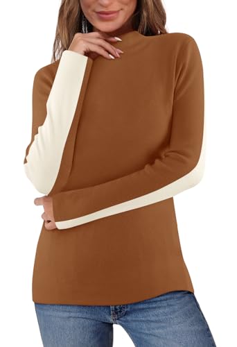 MEROKEETY Women's 2025 Fall Mock Neck Lightweight Pullover Sweater Fitted Ribbed Long Sleeve Color Block Knit Tee Shirt Tops2