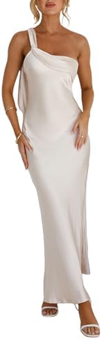 2026 Satin One Shoulder Maxi Dress for Women Summer Silk Formal E...