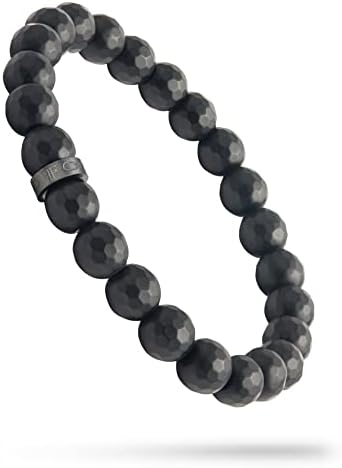 Forge & Foundry 8mm Faceted Matte Black Onyx Beaded Bracelet | Custom Signature Stainless Steel Bead | ‘Pindar’ | Refined Hand-Crafted Jewelry, Designed by Jewelers, Forged for Men - Black Large