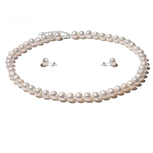 YAMI Perlenkette Set Damen (Halskette+Ohrringe), 8-9mm Süßwasserperlenkette, Perlenohrringe Silber 925, Perlenschmuck Silber 925 Set Damenschmuck für Jeden Anlass