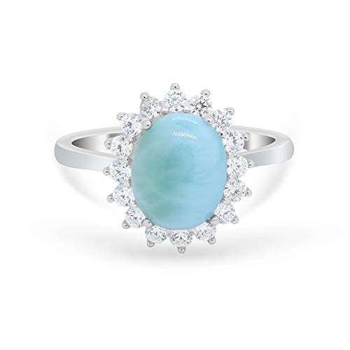 Blue Apple Co. Simulated Larimar Cubic Zirconia Size-9 Floral Halo Oval Wedding Engagement Art Deco Ring Round Simulated Cubic Zirconia 925 Sterling Silver