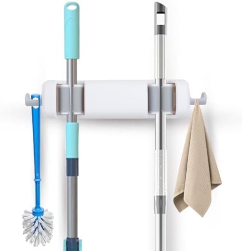 Shower Caddies - Mop Broom Holder Wall Mount with Hooks – Strong Adhesive Gripper Organizer for Bathroom, Kitchen, Closet – White Dual Mop Rack for Handles 10-30mm