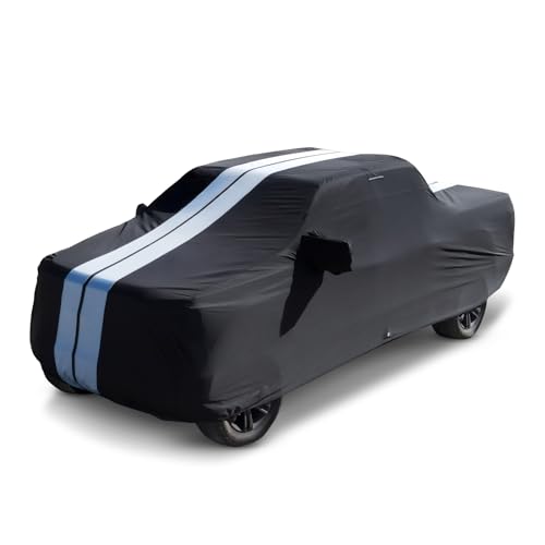Image of iCarCover Premium Plus Waterproof All Weather Truck Car Cover, UV Protection Car Covers for Silverado 2500 3500, Sierra 2500HD 3500HD, F-250 350 450, Size T76 (See Size Chart) Stripe - Black /Gray