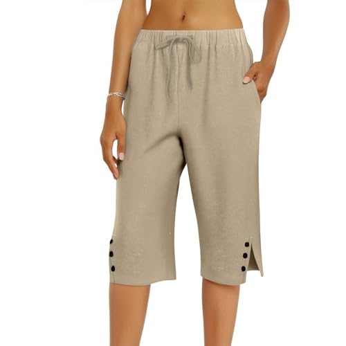 Womens Capris for Summer 2025 Linen Knee Length Pants Loose Wide Leg Elastic Bermuda Shorts Side Button Trouser Pocket3