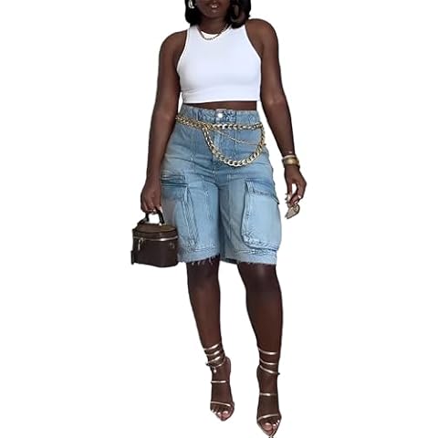 Quzzion Women's Summer Bermuda Knee Length Denim Shorts High Waist Casual Baggy Cargo Short Jean Pants Trendy Cover
