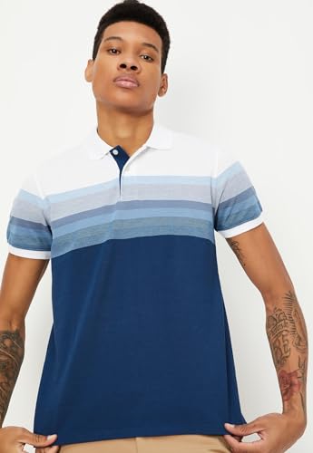 Image of Max Men's Half Sleeves Cotton Blend Regular Fit Striped Polo T-Shirt