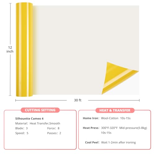 Image of HTVRONT Yellow Heat Transfer Vinyl Roll - 12 inch x 30ft HTV for T-Shirts Iron on Vinyl for All Cutting Machines - Easy to Cut & Weed