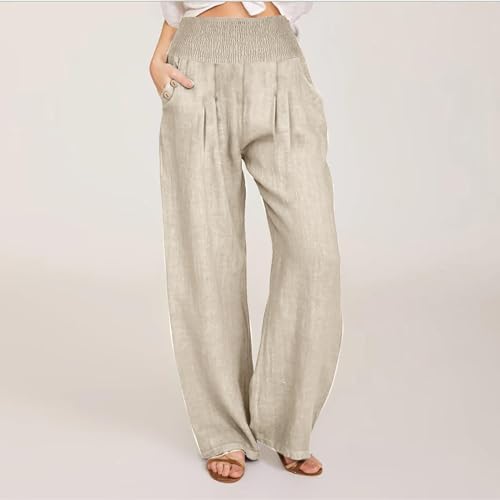 Linen Pants Women 2025 Summer Palazzo Flowy Pants Wide Leg Beach Pant High Waist Casual Vacation Trouser with Pocket2