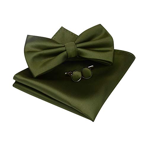 GUSLESON Mens Solid Olive Green Bow Tie Wedding Pre-tied Bowtie and Pocket Square Cufflink Set (0570-28)