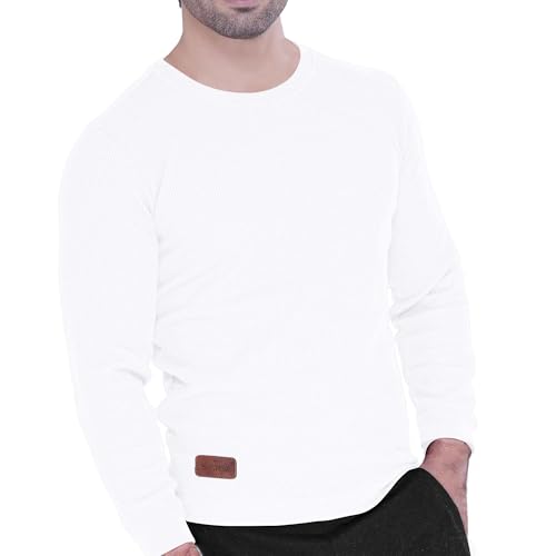 Men's Long Sleeve Waffle Thermal Shirt Top, Knitted Sweater, Sweatshirt for Men (US, Alpha, Medium, Regular, Regular, Bright White, Crew-Neck)