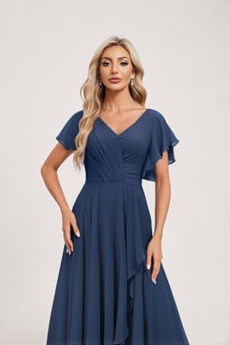 Women's Short Sleeves Bridesmaid Dresses 2025 Hi-Low Ruffled Chiffon Formal Evening Dress DE4573