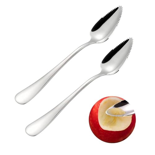 Bralucy Stainless Steel Fruit Scraping Spoon 2pcs Silver Grapefruit Serrated with Non-Stick Plating Spoon for Kiwi, Dessert, Apple, Citrus Fruit