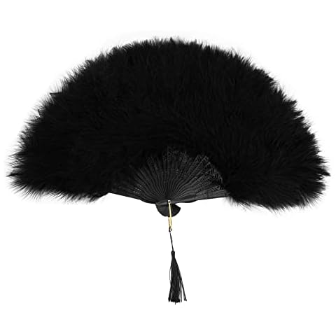 Framendino, Black Marabou Vintage Feather Fan Folding Hand 20s Handheld for Women Costume Party Dancing Decoration Cover