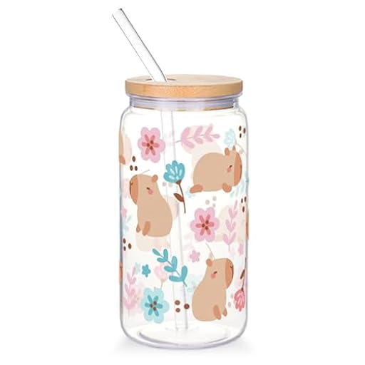 Dermalyx Vaso de Vidrio de 470ML con Tapa y Pajita, diseño de Capibara y Flores, Vaso para Bebidas con temática Animal para café, Leche, Jugo, Vaso para Smoothies, Copa | Ya disponible en tu tienda friki favorita! En mundofriki.es!