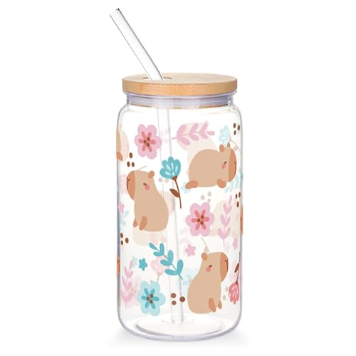 Dermalyx 470ML Glasbecher mit Deckel und Strohhalm, Capybara & Blumen Muster, Animal-Themen Trinkglas für Kaffee, Milch, Saft, Smoothie Becher, Becher