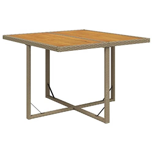 XHNIFBN Mesa de jardín beige 109 x 107 x 74 cm de polirratán y madera de acacia, diseño moderno, robusto y resistente a la intemperie, fácil de limpiar para balcón, terraza y salón