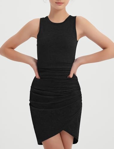 EXARUS Girls Bodycon Short Ruched Pencil Dresses Fitted Sleeveless Tank Crew Neck Casual Mini Dress4
