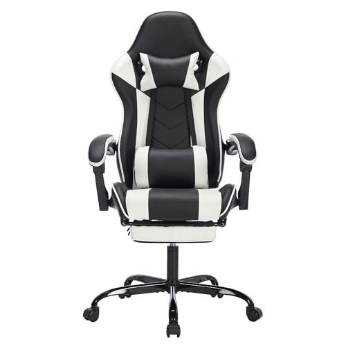 Image of Gaming Chair with Footrest for Home Office - High Back Computer Chair with Headrest and Lumber Support, Ergonomic Height Adjustable Leather Game Chairs (Black+White)