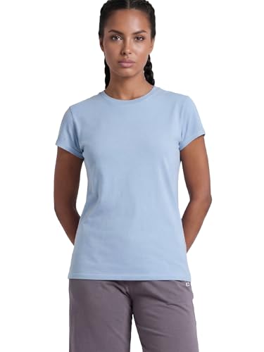 Image of Enamor Short Sleeve Crew Neck Regular Length Basic Crew T-Shirt for Women - Slim Fit, Soft and Breathable Stretch Cotton - E047