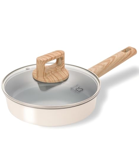 KOCH SYSTEME CS 20 cm Non Stick Frying Pan with Lid 8 Inch Nonstick Ceramic Frying Pan with Heat-Resistant Handle Non Toxic Cooking Pan Induction Compatible Dishwasher Safe Cream White
