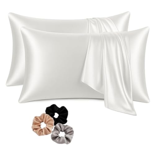 Image of Satin Pillow Covers Set of 2 with 3 Free Random Color Hair Scrunchies - Anti-Frizz, Skin-Friendly, Soft & Durable Pillowcase Set for All Hair Types (White)
