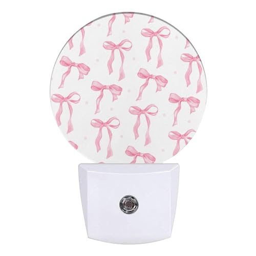 Image of Pink Bow Night Light Ribbon Night Lights LED Lamp Round Plug into Wall Nightlight with Dusk to Dawn Sensor Home Hallway Stairway Kitchen Decor