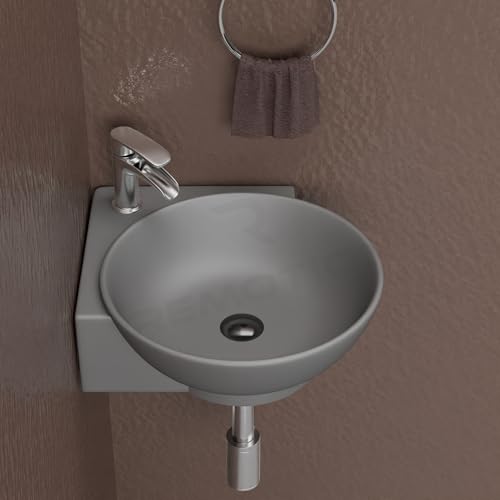 Image of REMOTION Wall Mounted Wash Basin for Bathroom | Wall Hung Corner Sink | Ceramic Round Wall Hung Wash Basin | Wall Hung Small Corner Basin (16.3 x 13.8 x 4.3 Inch) (Matte Grey)