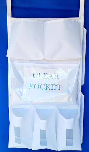 Image of It's Sew EZ PPE Isolation Door Caddy - 8 Pockets - Yellow NFPA-701 Fire Resistant Nylon Oxford with Two Stainless Steel Hooks included (White)