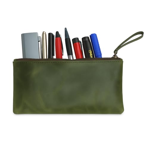Image of Leather Pencil Pouch, Currency Pouch, Leather Pencil Case, Zippered Pouch Paper Money, Pen Case, Pen and Marker Case, Pencil Case For Artists & Professionals (Forest Green)