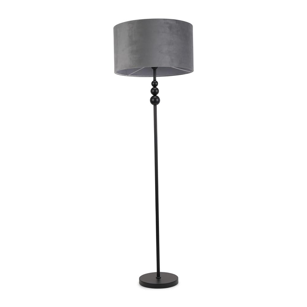 Matt Black Stacked Ball Single Stem Standing Floor Lamp with Grey Velvet Shade for Living Room - LED Bulb Included