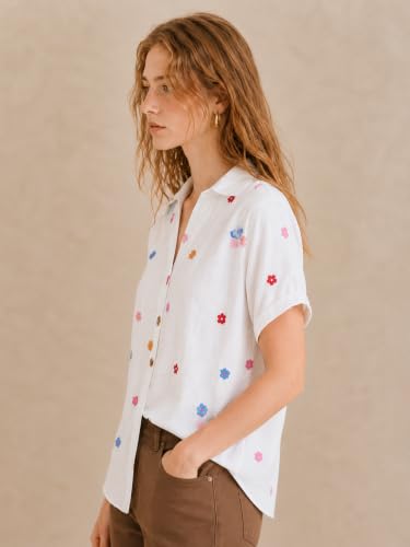 Image of Women's Floral Embroidered Shirt | Elegant Short Sleeve Shirts for Casual & Office Wear | Stylish Summer Button-Down Shirt for Girls & Women