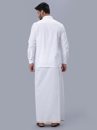 Image of RAMRAJ COTTON Men's Full Sleeve Shirt with 1 /2 Inch Gold Jari Border Dhoti
