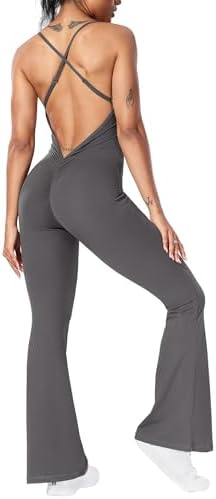 YEOREO Women Strappy Flare Jumpsuits Sexy V Back Backless Gym Wor...