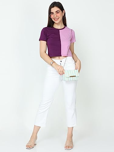 Image of FLEXIMAA Women's Cotton Plain Round Neck Half Sleeve Crop Top