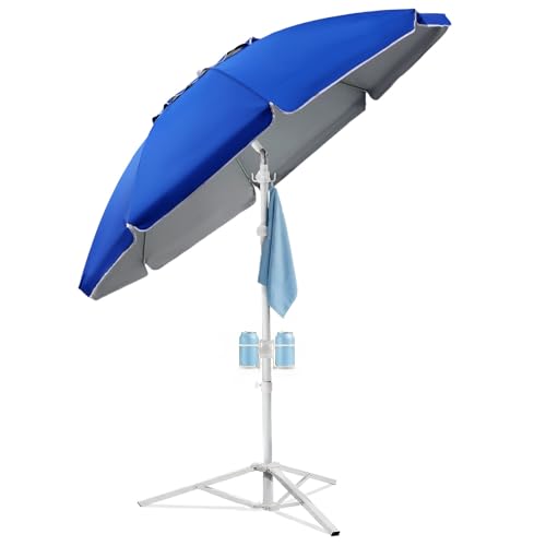 PASAMIC 7ft Portable Umbrella with Stand UPF 50+ Sports Sun Shade Umbrella with 2 Carry Bags Cup Holders & Hook Adjustable Instant Sun Protection for Sports Beach Fishing Royal Blue