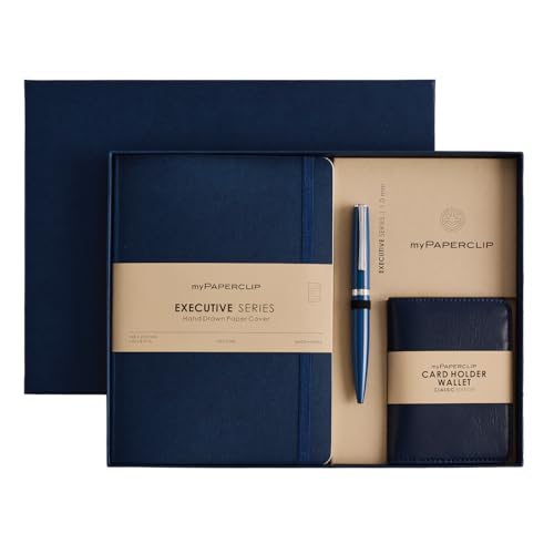 Image of myPAPERCLIP Executive Series A5 Diary & Pen Gift Set | Includes Classic Ball Pen, Italian Leather Card Holder & Softcover Notebook | 192 Pages, 80 GSM | Ideal Corporate, Office & Personal Gift | Blue