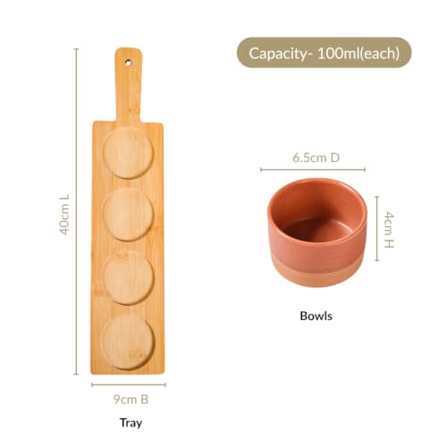 Image of Nestasia Ceramic Serving Platter Set of 5 | 4 Small Ceramic Snack Bowls with 1 Bamboo Wood Tray | 100% Food Safe Tray Set - Perfect for Serving Dips, Dry Fruits & Snacks