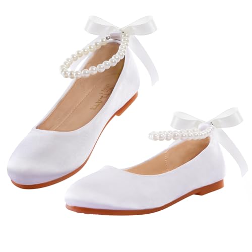 MEJORMEN Flower Girl Shoes Girls Dress Shoe Toddler Mary Jane Ballet Flats Princess Lace-Up Pearl Ankle Strap Dress Shoes for Wedding Party School