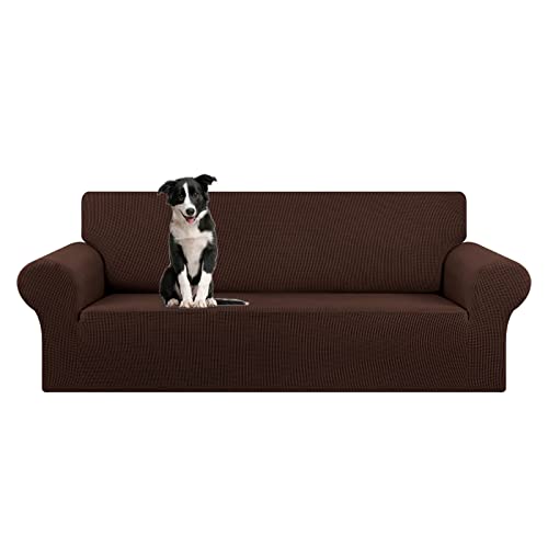 KEKUOU Stretch Oversized Sofa Slipcover 1 Piece Couch Sofa Cover (94"-110") Furniture Protector 4 Seater Sofa with Elastic Bottom for Kids,Pet.Jacquard Checked Pattern Fabric(X Large,Chocolate)