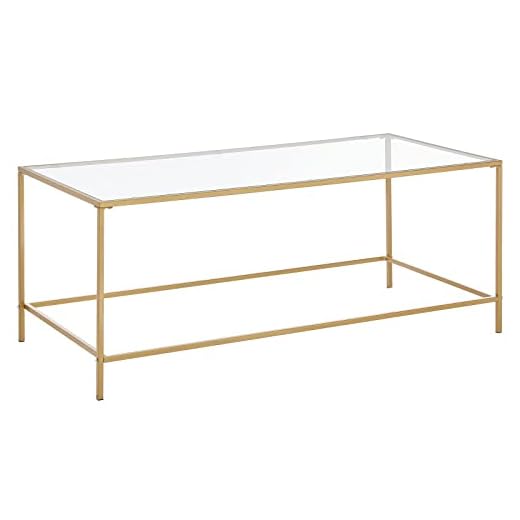 mDesign Glass Top Coffee Table - Large Minimalistic Rectangular Geometric Metal Accent Furniture Unit for Living Room, Basement, Home Office, Garage, and Bedroom - Soft Brass