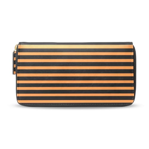 Long Wallets Leather Bifold Wallet for Women Orange Black Stripe with Zipper Credit Card Holder Large Capacity