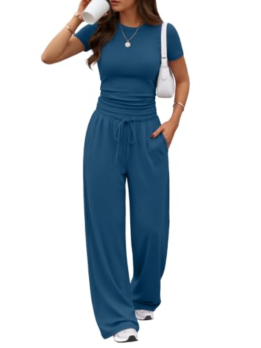 Image of Trendy Queen Women's 2 Piece Matching Summer Lounge Set with Pockets | Vacation Airport Travel Outfits, Workout Gym Clothing Comfy Athleisure Clothes, Side-ruched Top, Drawstring Wide Leg Pants