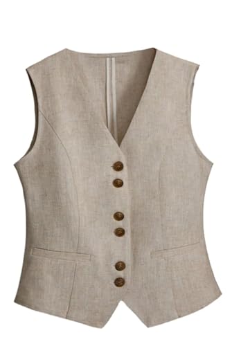 Women's V-neck Linen Suit Vest Single Breasted Lightweight Slim Fit Sleeveless Waistcoat