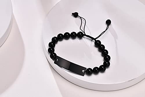 2 Pcs Personalized Couple Natural Beaded Bracelets Black Agate And White Howlite Custom Name Date Initial Quote Engraving Adjustable Cord Braided Stainless Steel Id Bracelets For Men Women #TOP3